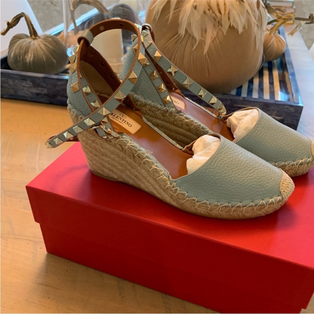 Brand new Valentino classic rock stud wedges in baby blue. Size 37
